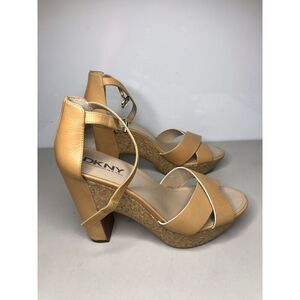 DKNY Natural Brown Leather Peep Toe Strap Dress High Heels Women’s sz 9M US/40EU